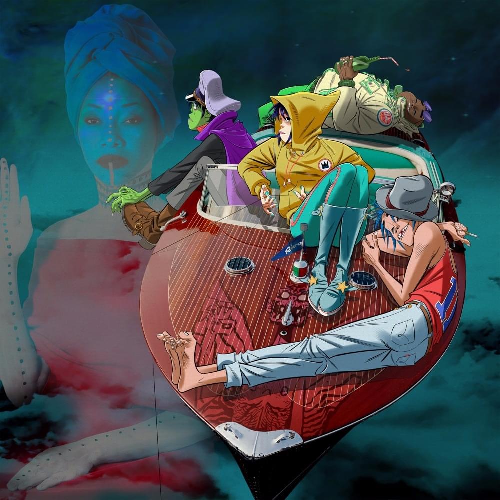 Gorillaz's virtual members relax on a red motorboat while Fatoumata Diawara is pictured with her right hand up in the background. 