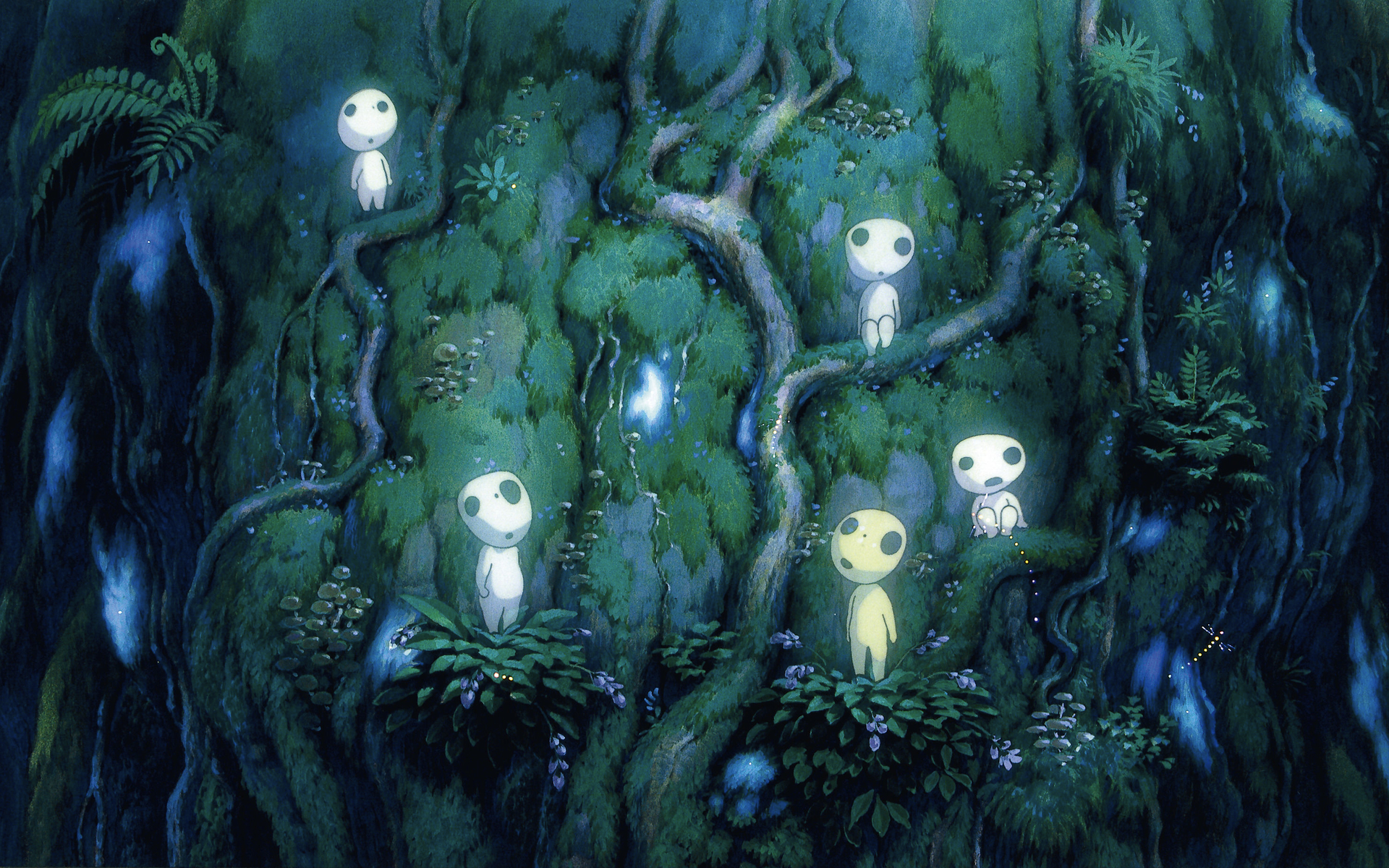 Small forest spirits known as kodama in traditional Japanese mythology sit amongst the vines of a tree.