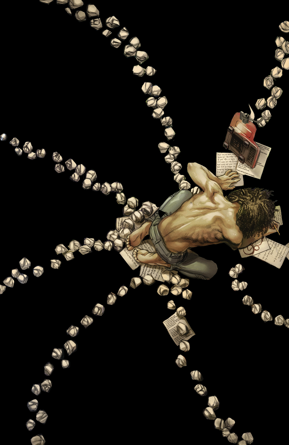 The variant cover for the Coheed and Cambria comic shows the Writer, struggling to finish his story as he sits on the floor, surrounded by papers he's written on as well as balled-up pieces of paper. The balls of paper are arranged around the Writer in a tentacle-like pattern.