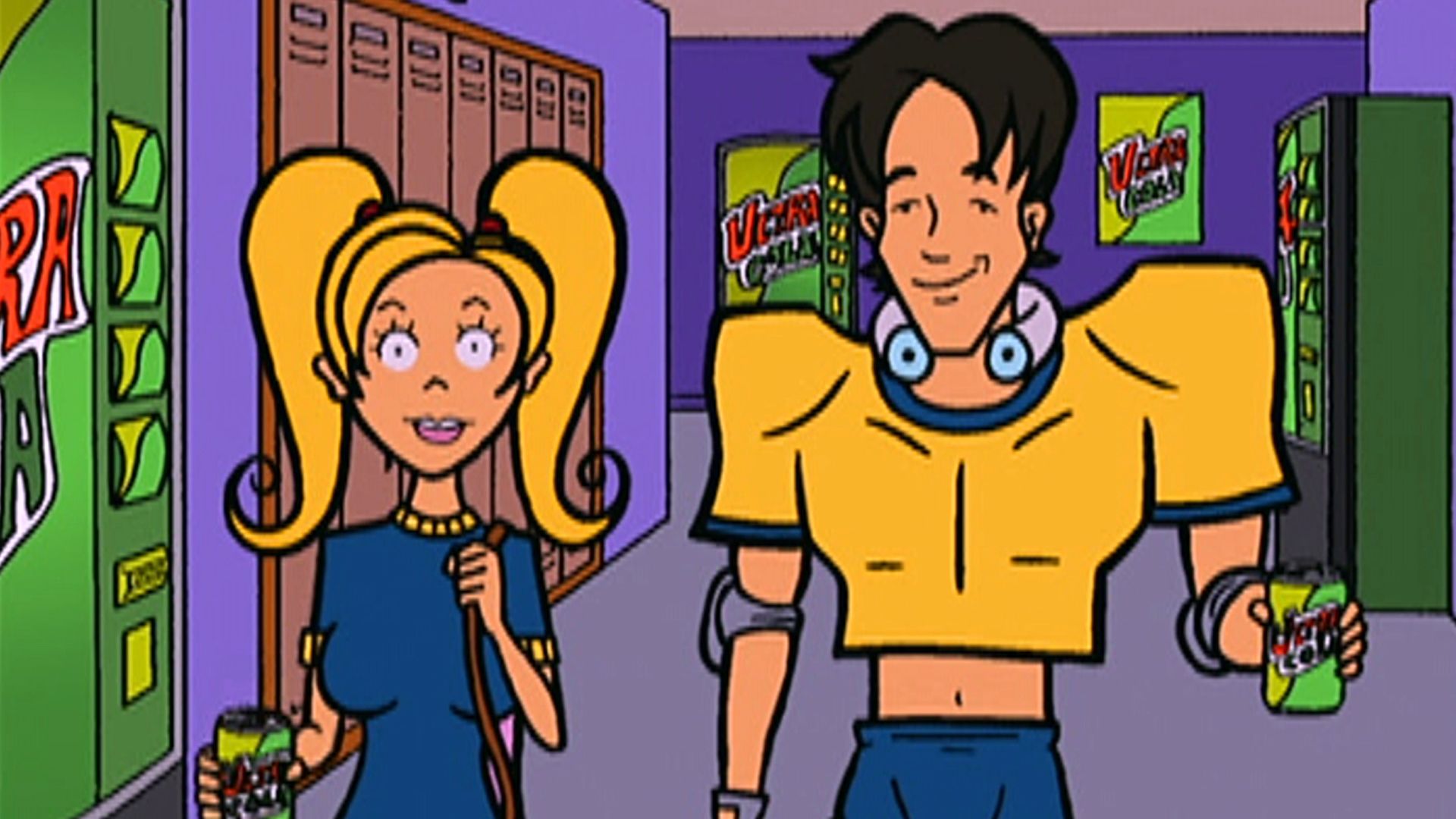 A cheerleader and a football player, Kevin and Brittany, stand in the school hallway with soda cans in their hands. 