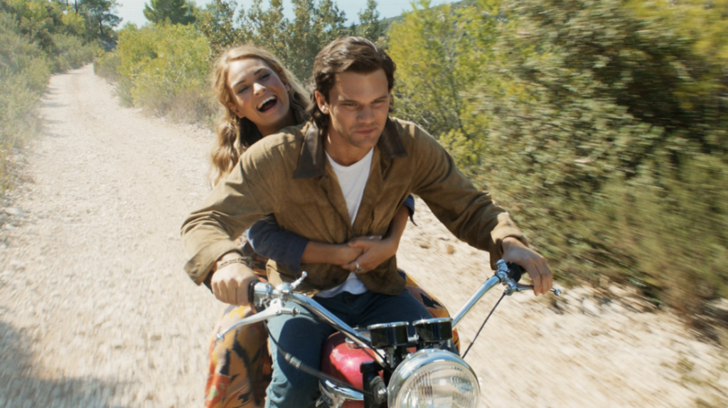 In Mamma Mia 2, Donna rides on the back of her boyfriend, Sam's, motorcycle.