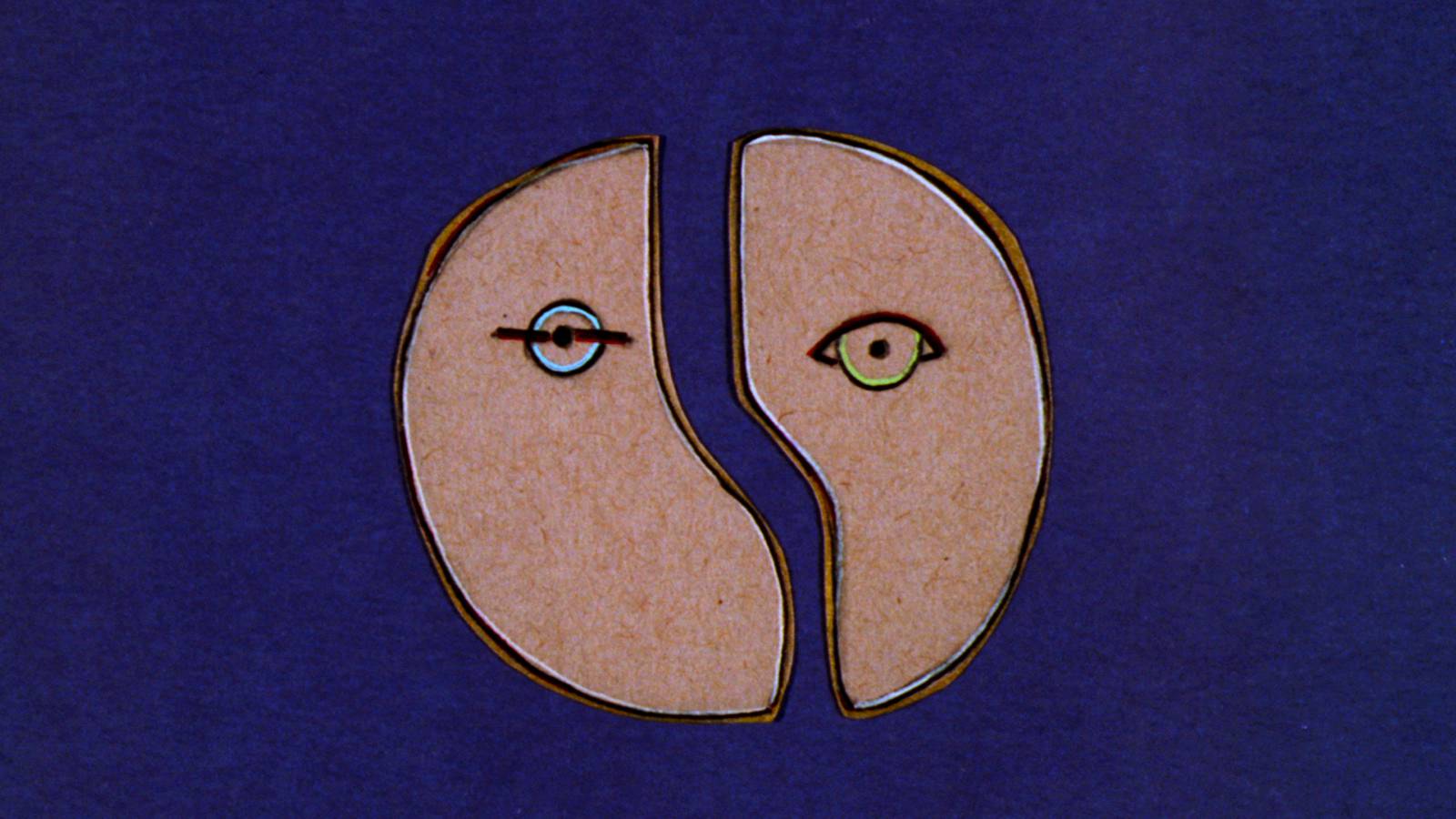 This is one of Hedwig's drawings that is seen during her performance of "The Origin of Love" in the movie "Hedwig and the Angry Inch." It shows two separated halves of the same face--one with a blue eye and one with a green.