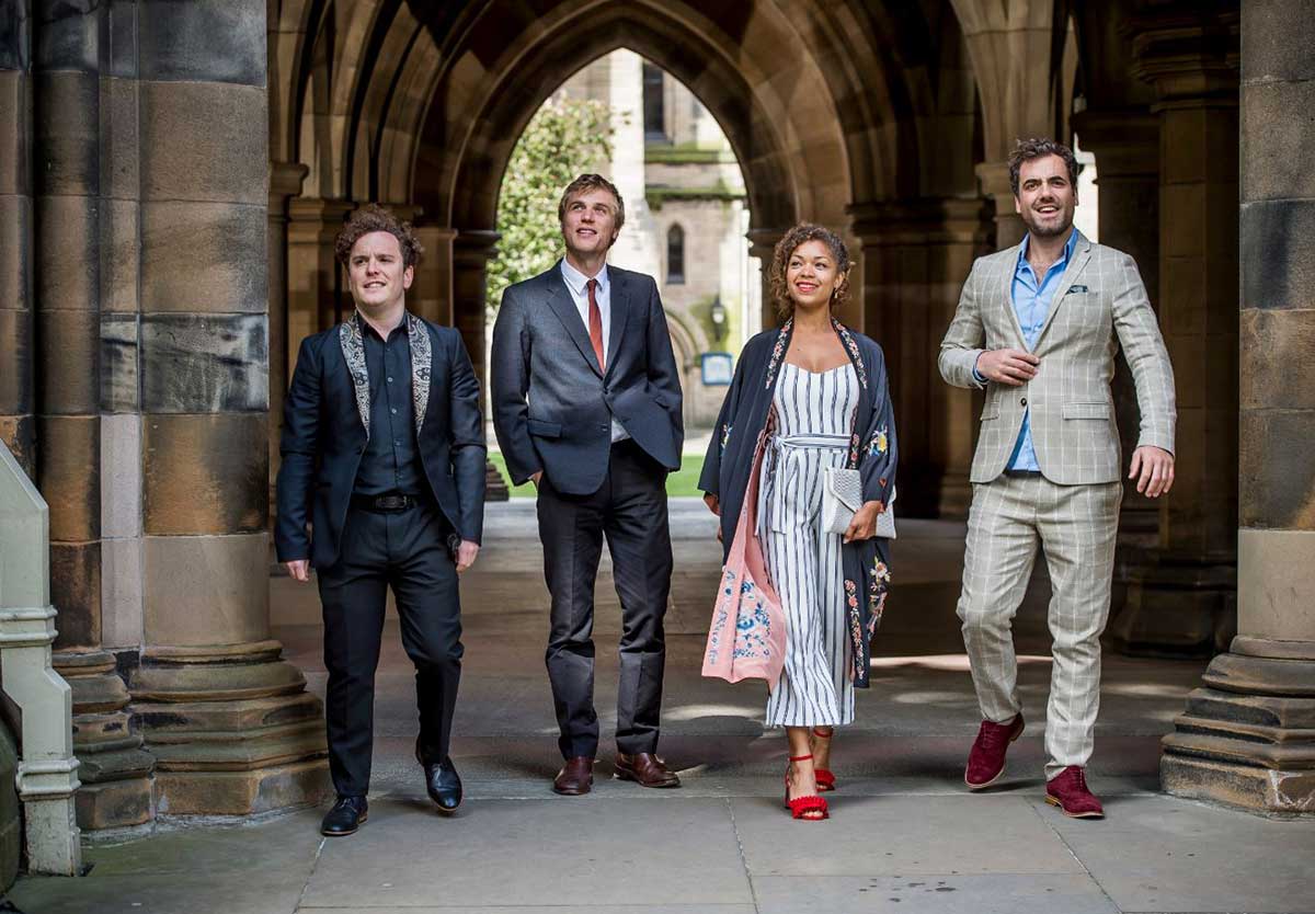 Angus, Dylan, Evie, and Luke at their college reunion in season three of Lovesick (aka Scrotal Recall). Played by Joshua McGuire, Johnny Flynn, Antonia Thomas, and Daniel Ings. 