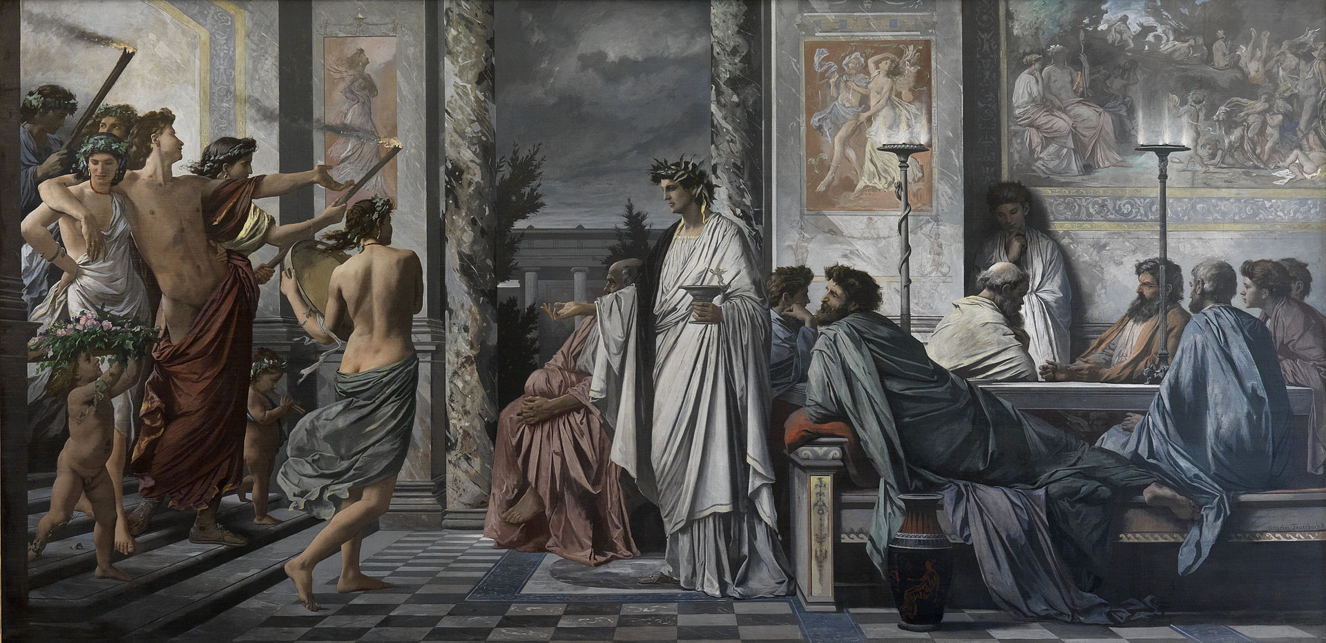 Anselm Feuerbach's painting of how he imagined the events in Plato's "Symposium." It depicts many men in togas and robes both sitting around a table and standing around a room. There is clearly a discussion taking place.