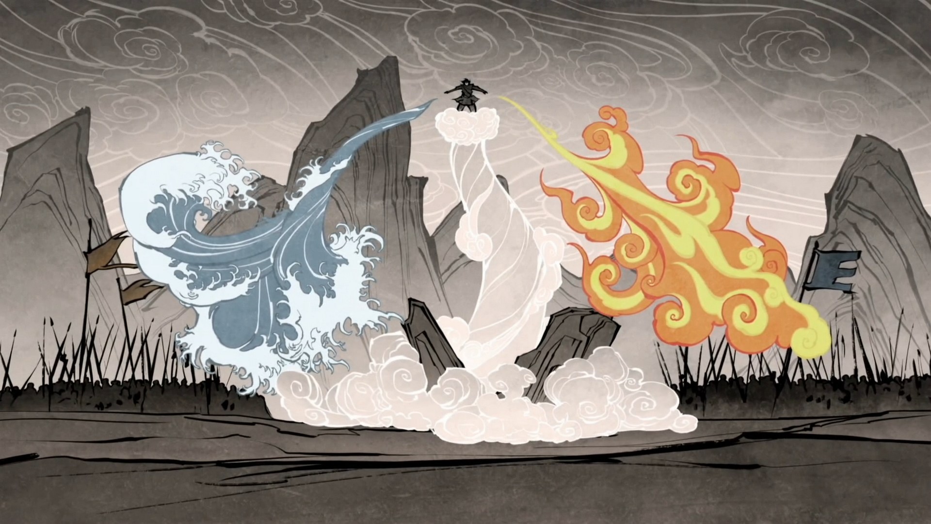 Avatar Wan bending all four elements to stop a war. 