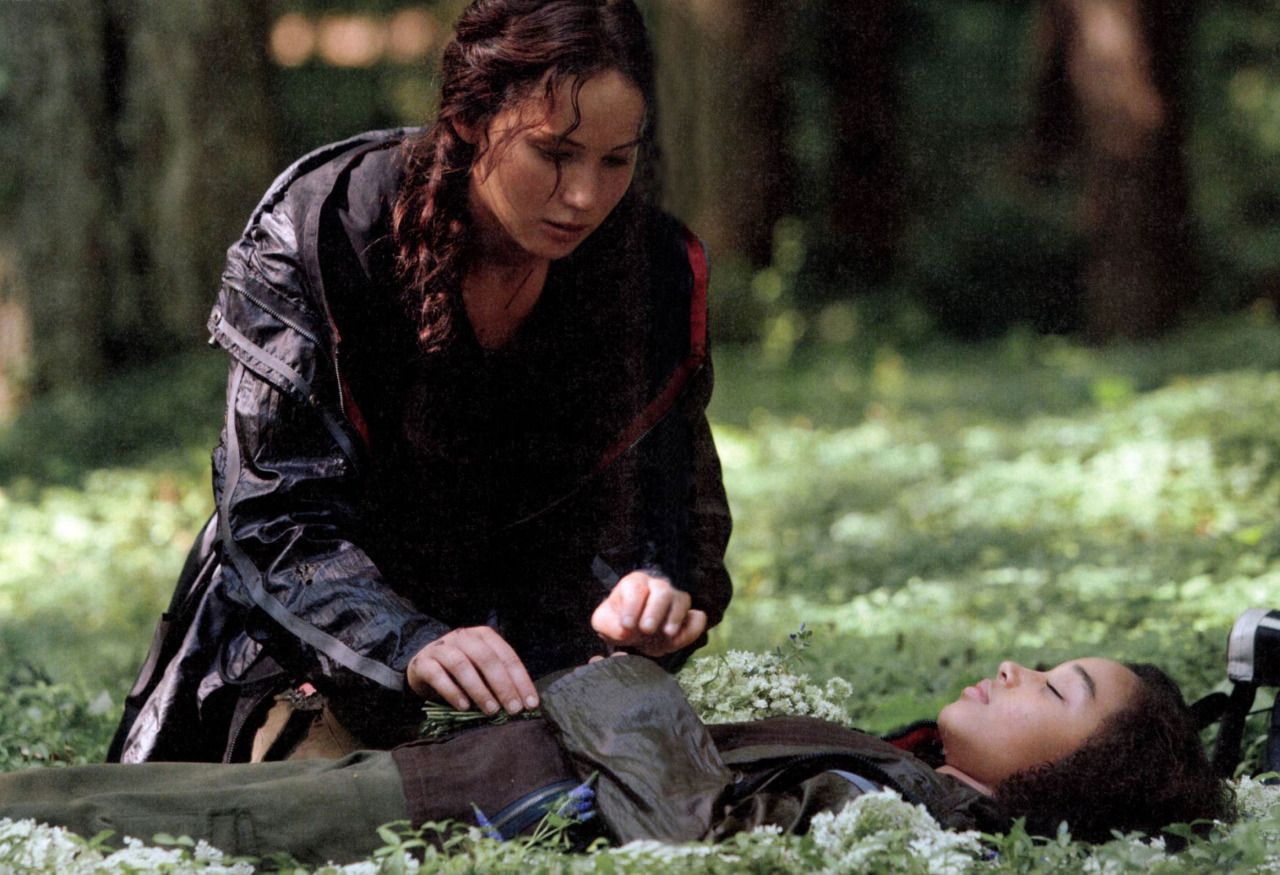 Katniss knees next to Rue who is lying still in the flowers.