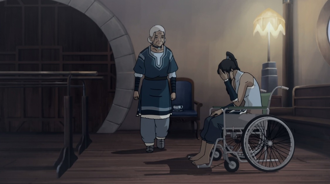 Korra struggling with physical therapy and Katara is coaching her to not give up. 