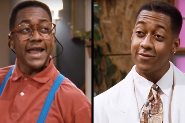 Jaleel White plays Steve Urkel in glasses and blue suspenders on the left and plays Stefan Urquelle in a white suit on the right in Family Matters.