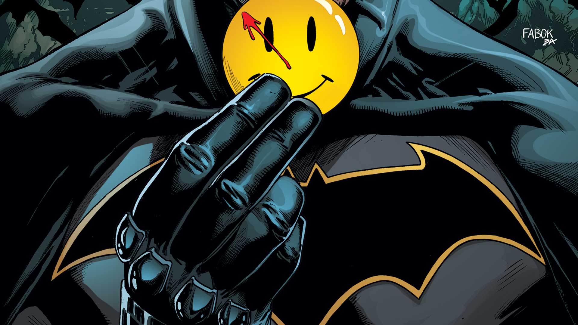 Batman: Issue 21, Batman is seen holding the iconic Watchmen button in a cover by artist Jason Fabok.