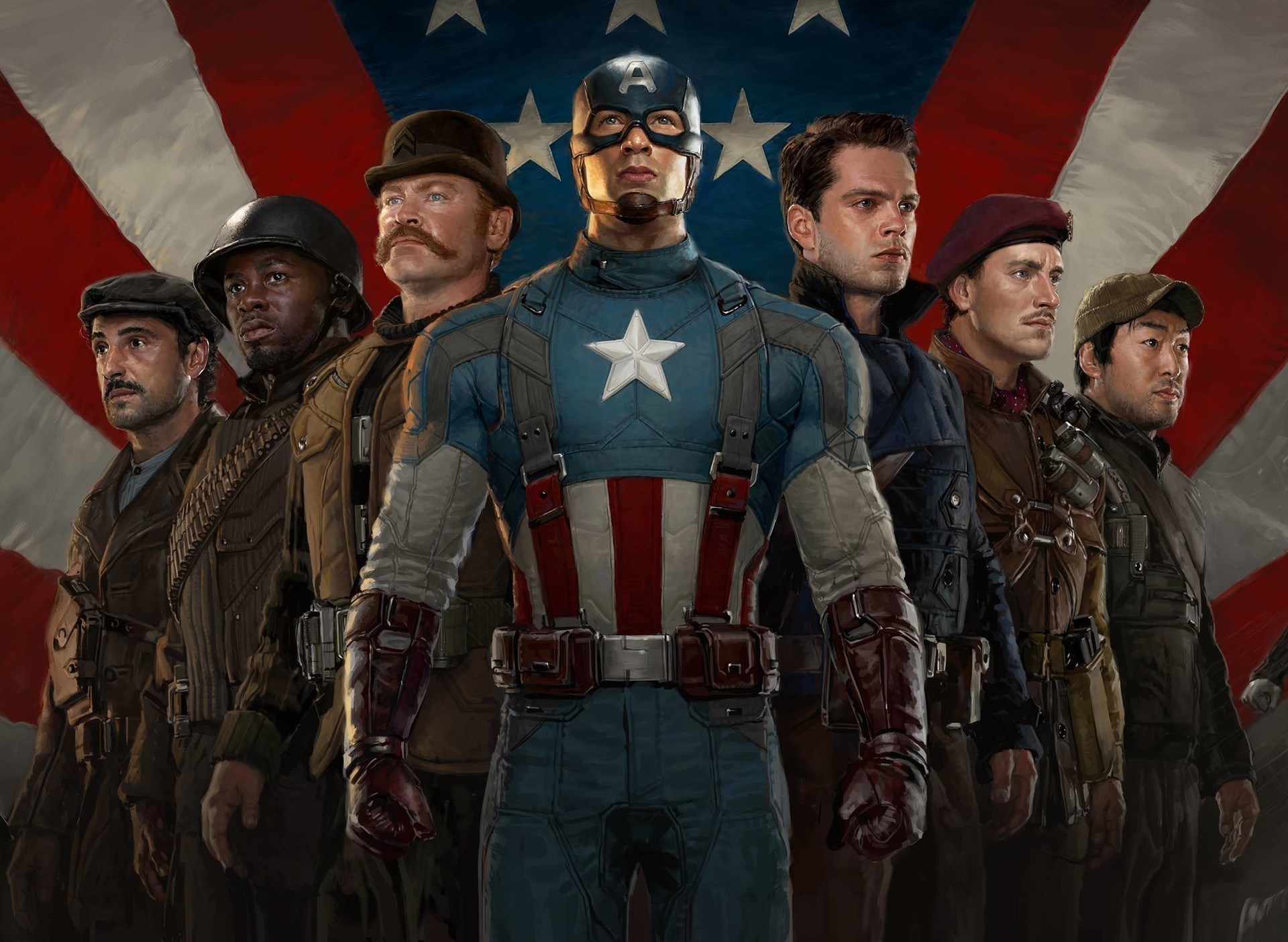 Captain America stands with Bucky Barnes and other fellow World War I soldiers in front of an American Flag.