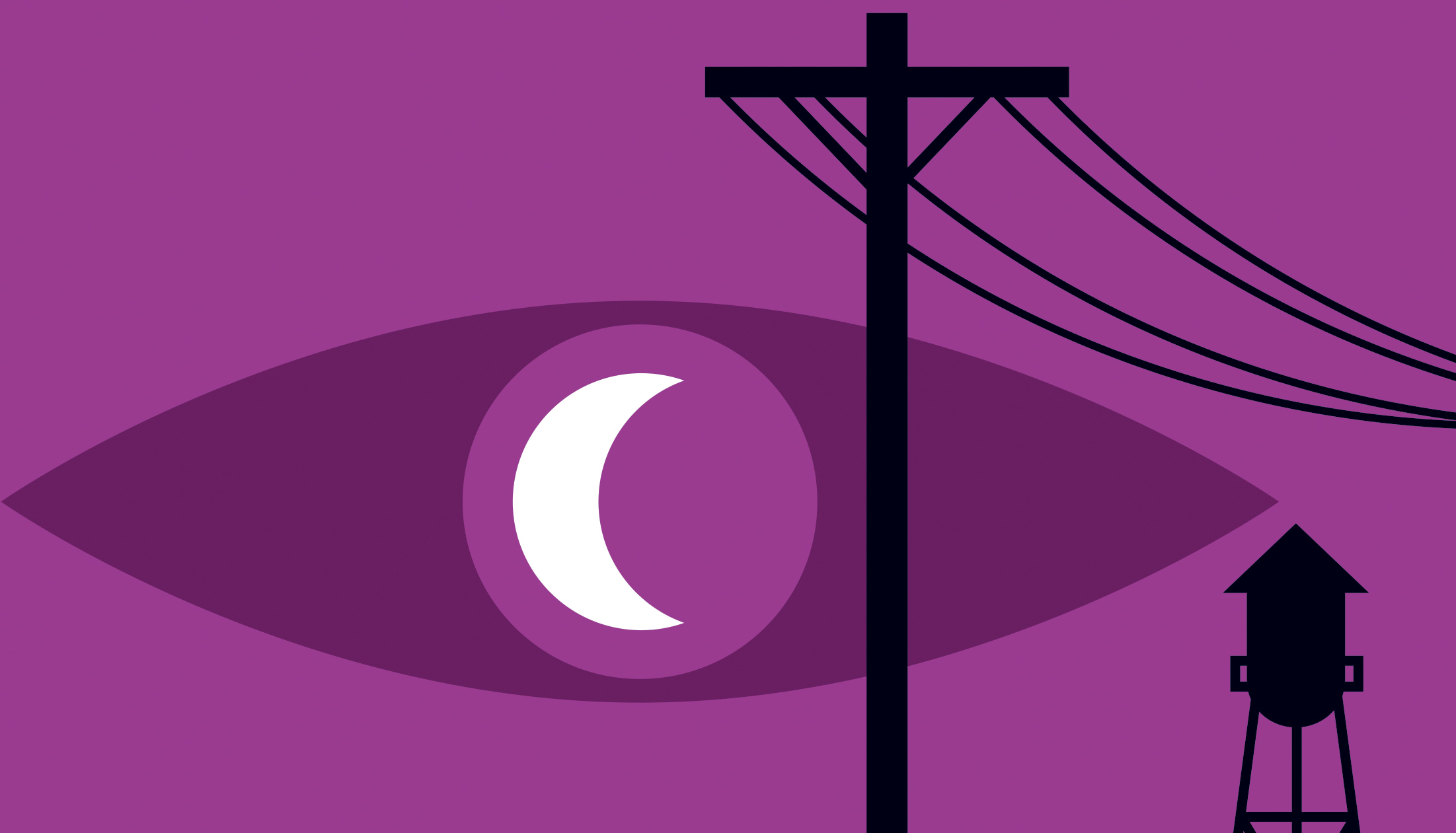 Stylized purple skyline, large eye shape with crescent moon