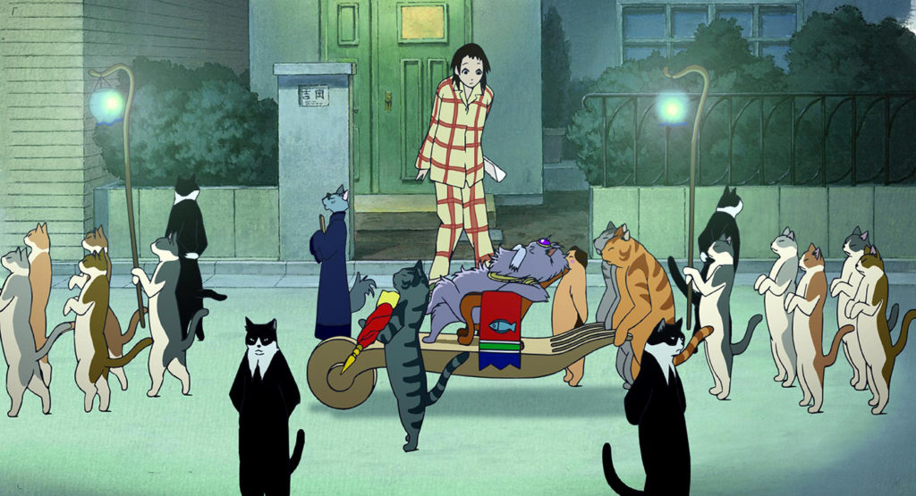 Haru looks at a plethora of cats while some cats hold up the Cat King in The Cat Returns.