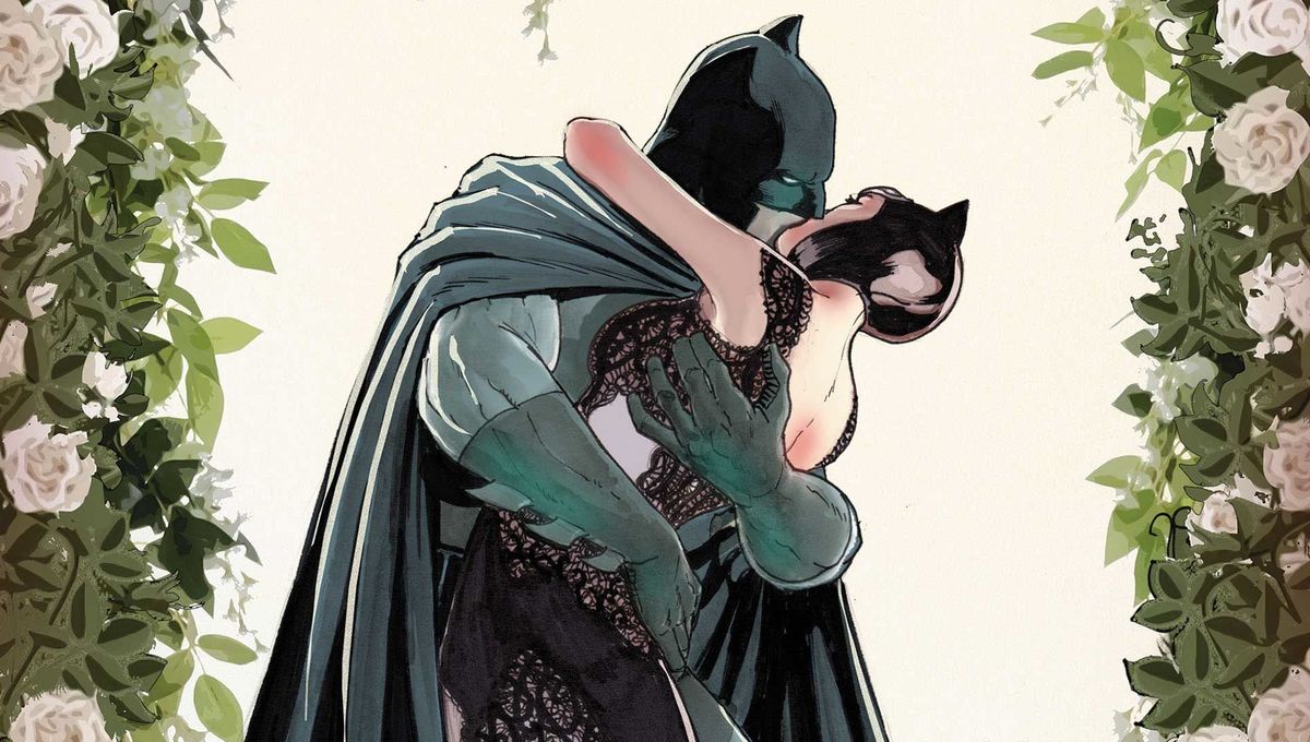 Batman and Catwoman embrace at their wedding in the cover of Batman #50.