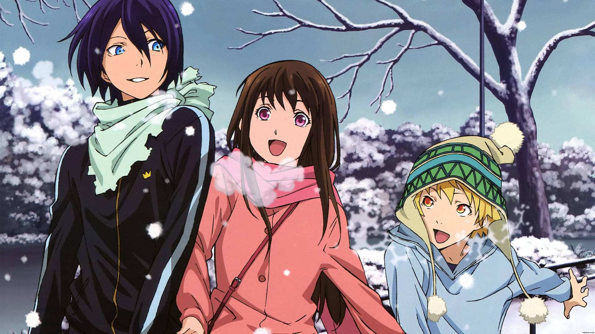 The three main characters of the anime Noragami, Yato, Hiyori, and Yukine stand together against a snowy backdrop.