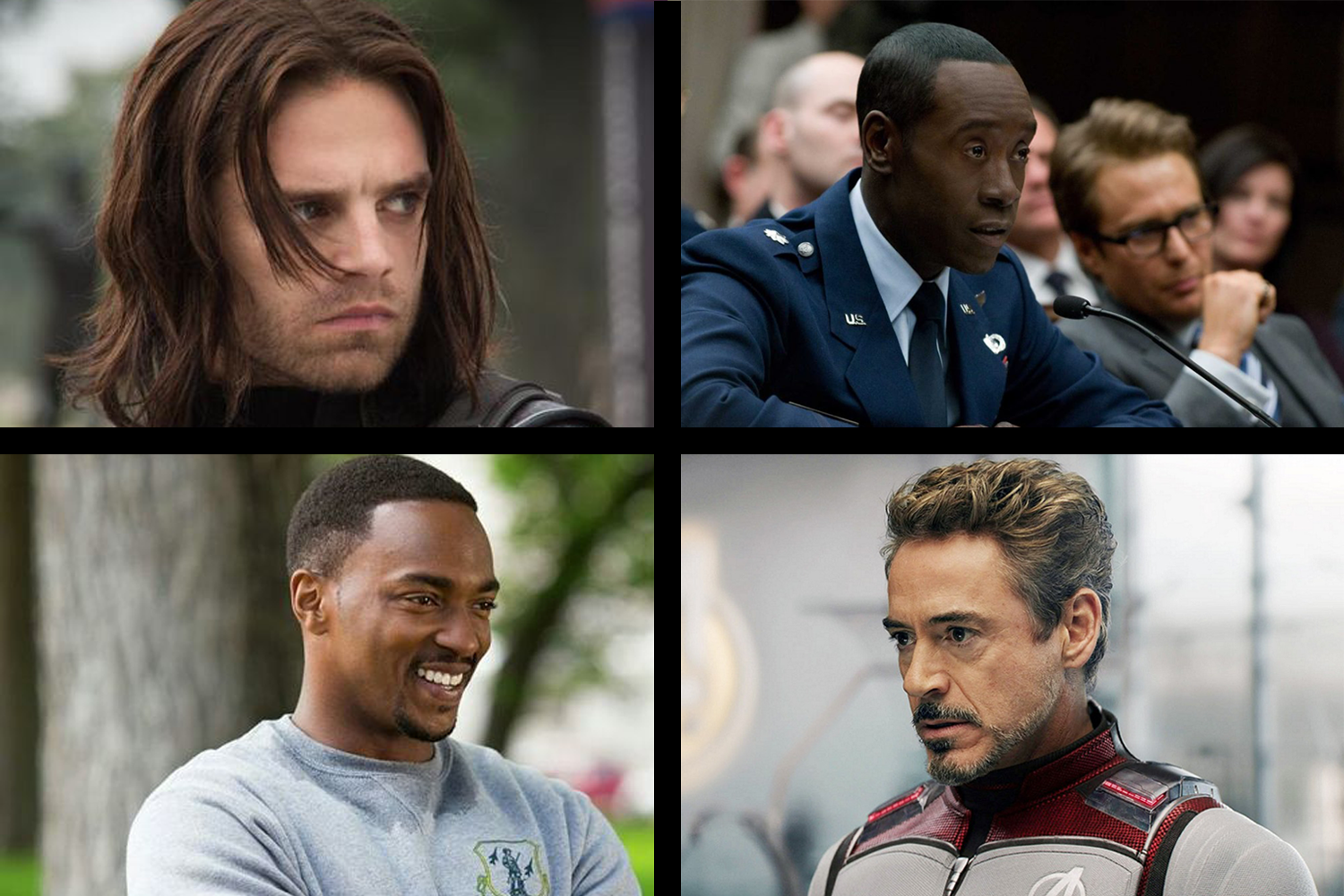 Bucky, Rhodey, Sam, and Tony from the MCU.