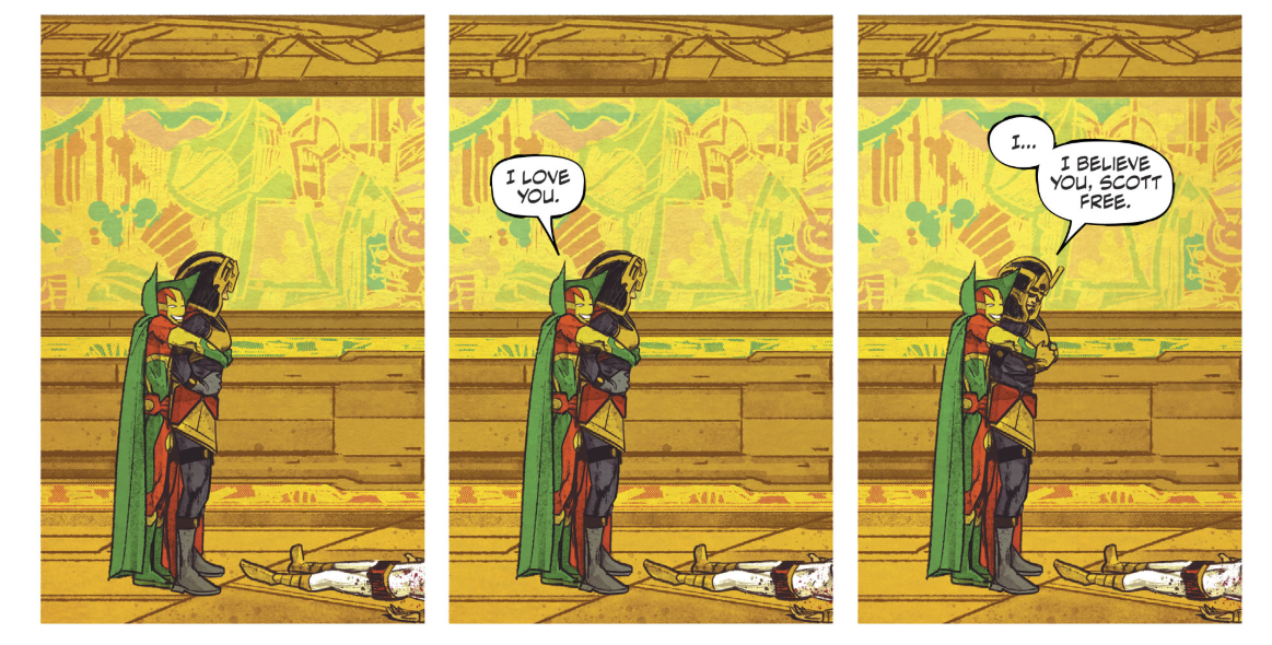 Mister Miracle: Issue #7 (Page 22) Mister Miracle envelops his wife Barda in a hug as he professes his love for her.