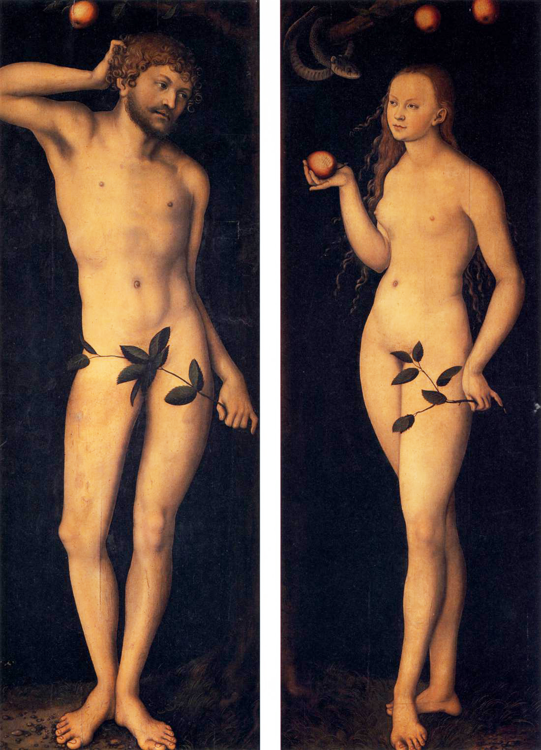 Adam (holding vine) and Eve (holding fruit and vine) in a painting of fine detail and darker color - by the artist Lucas Cranach.