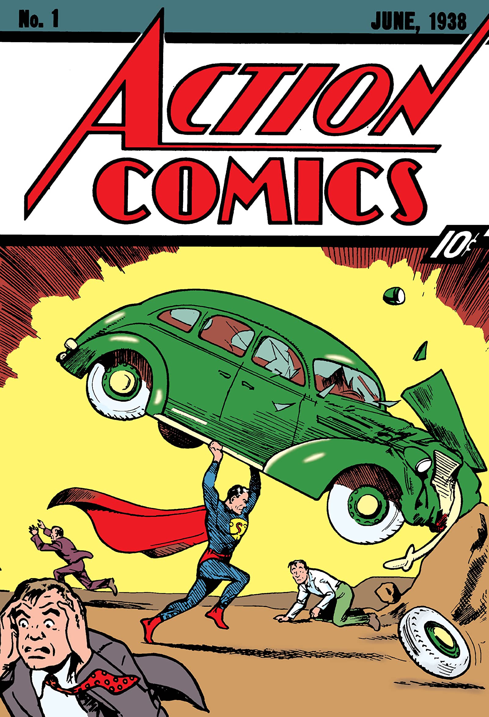 Superman lifting a car on the cover of Action Comics No. 1 (1938).