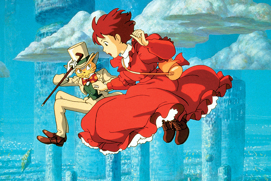 The Baron holds Shizuki's hand as they fly over the landscape in Whisper of the Heart.