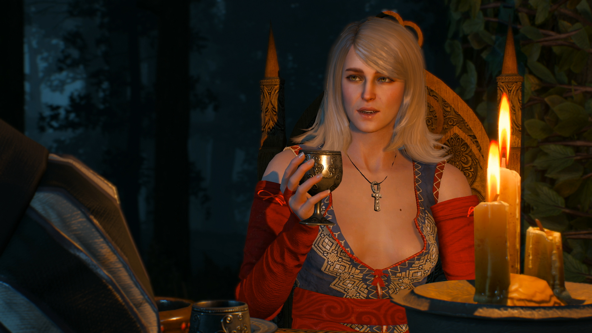 Keira Metz drinking wine in the The Witcher 3: Wild Hunt video game