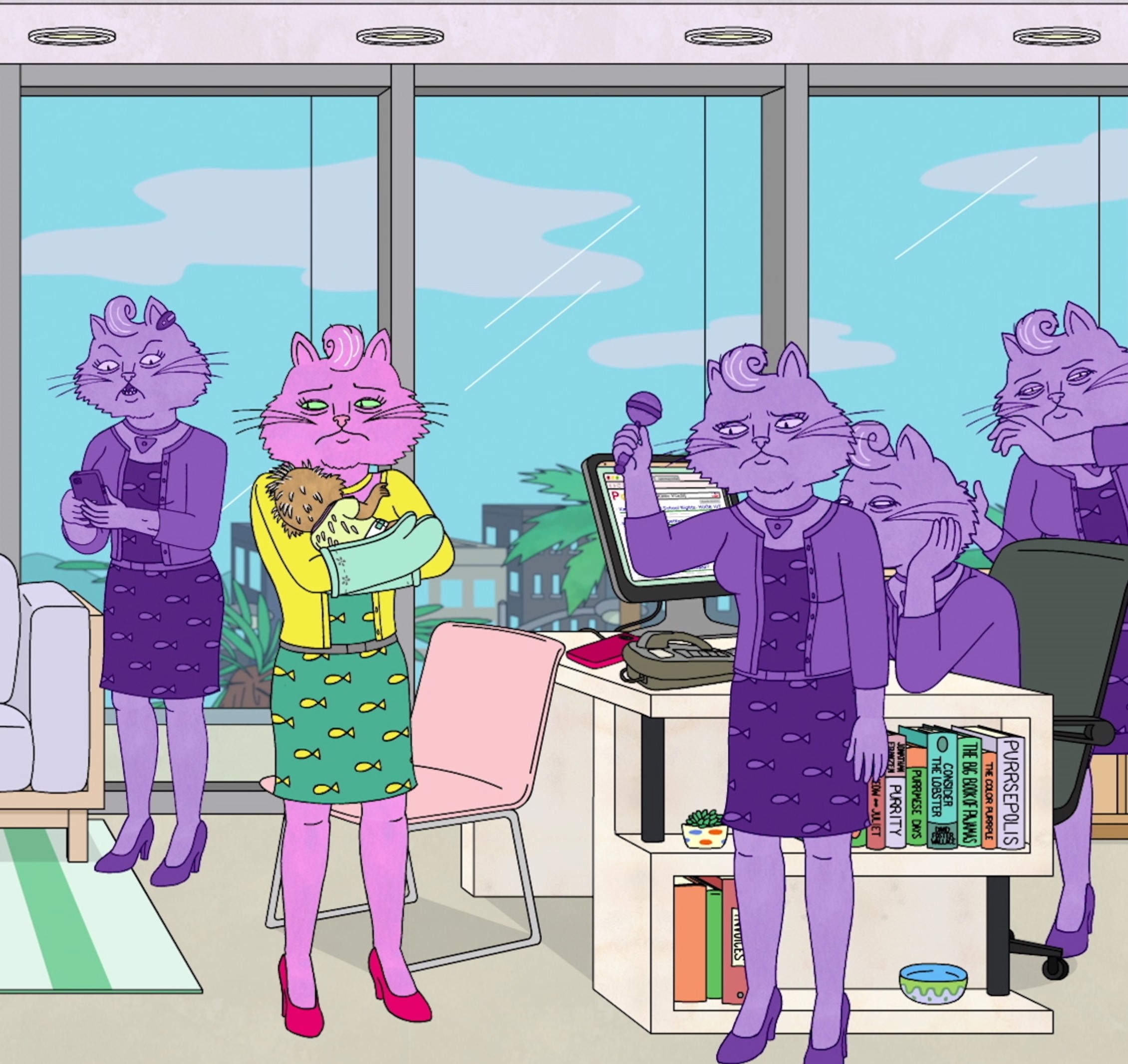 Princess Carolyn from BoJack Horseman working and taking care of Ruthie