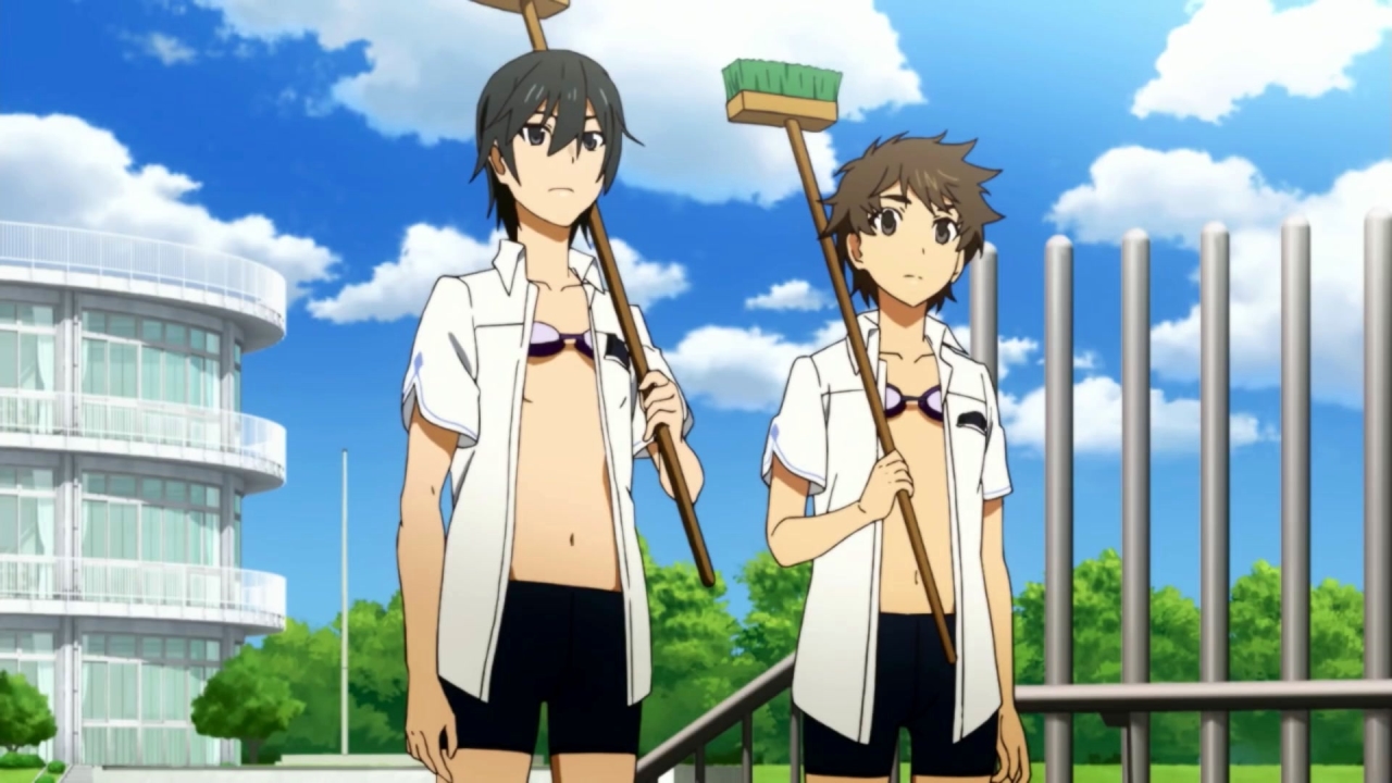 Norimichi and Yusuke clean the school pool.