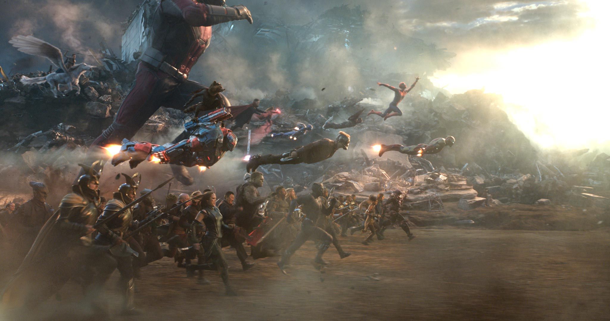 All MCU heroes race forward to attack Thanos in the final battle of Avengers: Endgame.