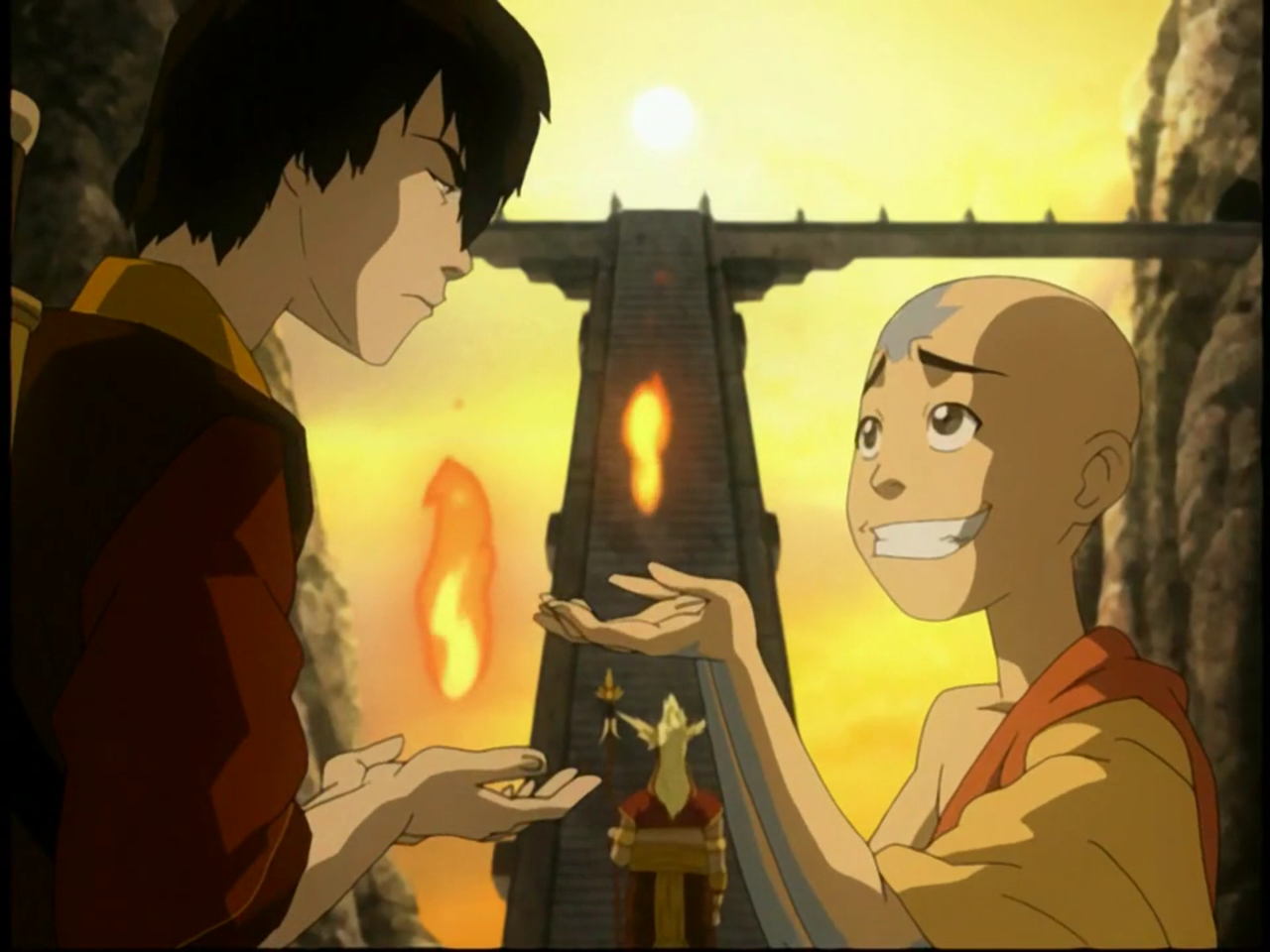 Aang and Zuko are learning the origins of firebending.