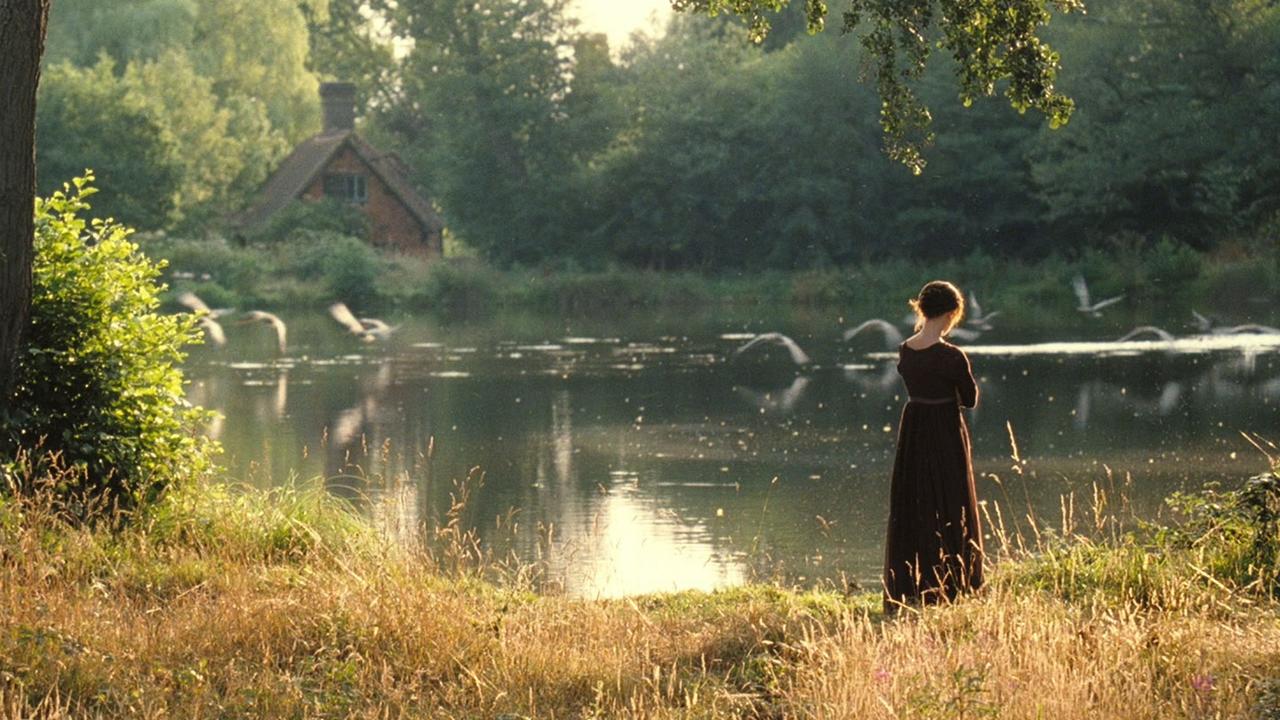 A woman is standing near a lake as the water reflects off of it, with trees and a house in the background.