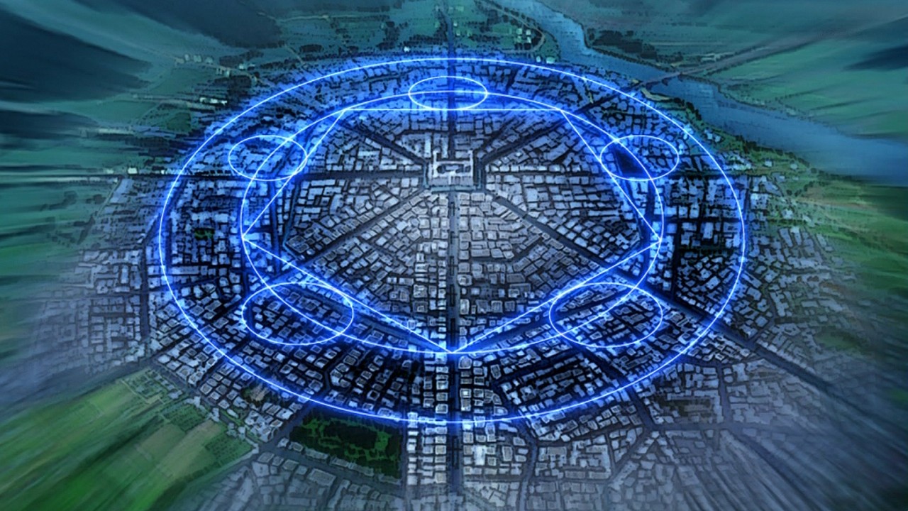 A large transmutation circle glows, overlaid on Central, the capital city of Amestris. 