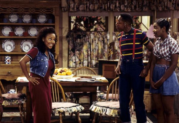 Myra (left) talks to Steve and Laura in Family Matters.