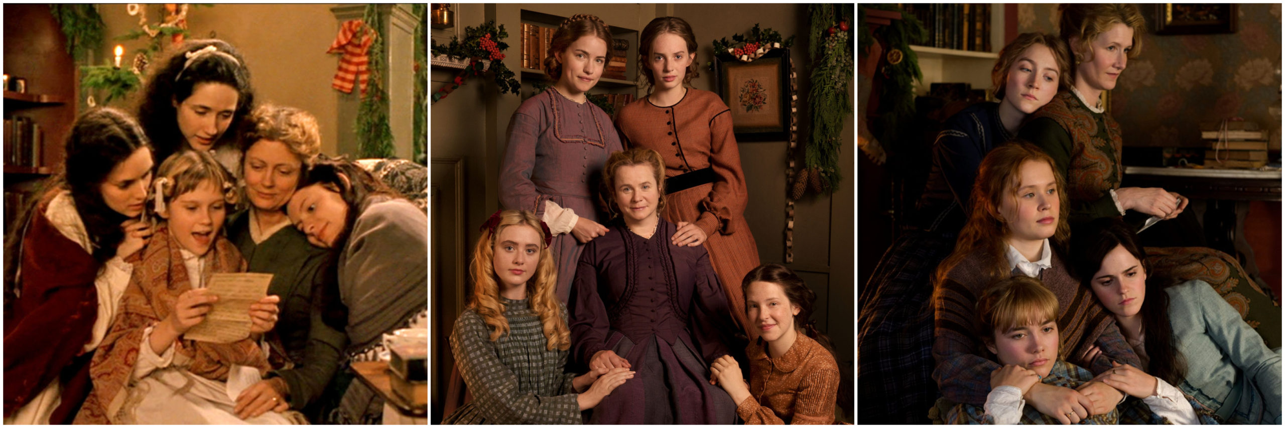 A collage of the same scene in three different movie adaptations depicting daughters surrounding their mother