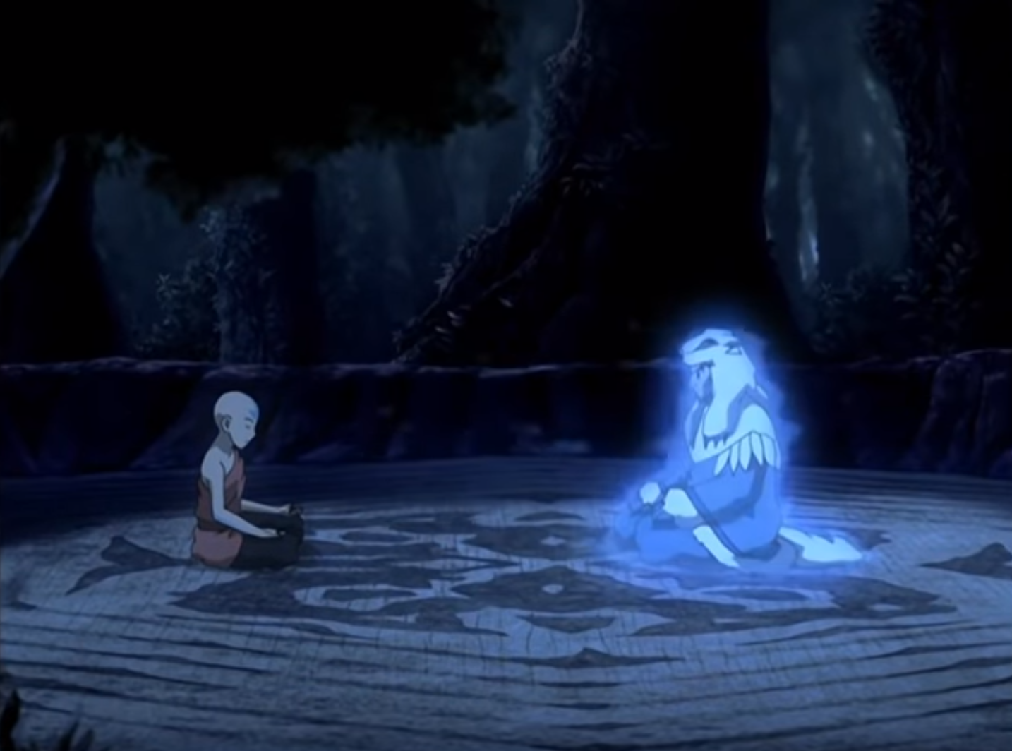 Avatar Aang meeting with Avatar Kuruk to get his input on how to deal with the fire lord. 