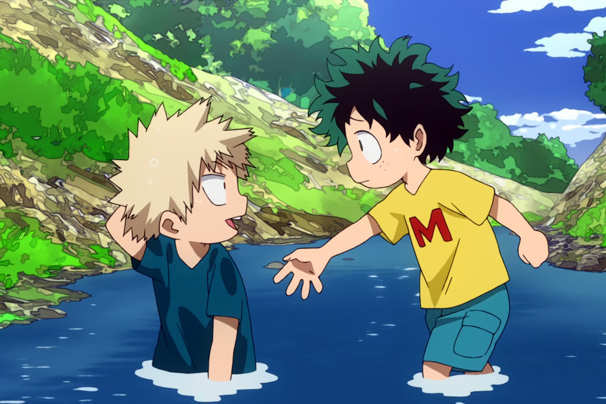 A flashback of young Midoriya offering to help Bakugo out of the water after a fall.