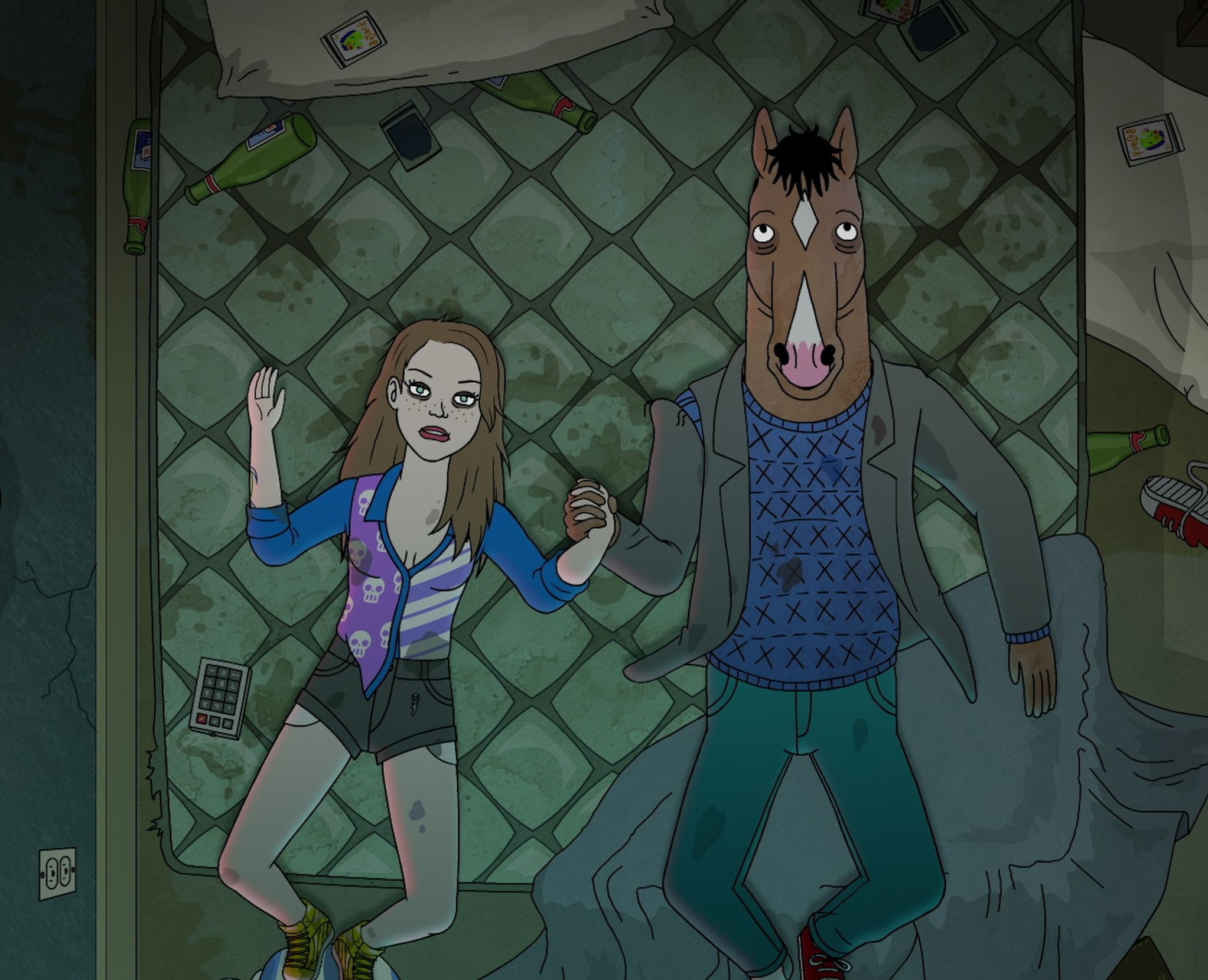 Sarah Lynn and BoJack Horseman lying on a bed