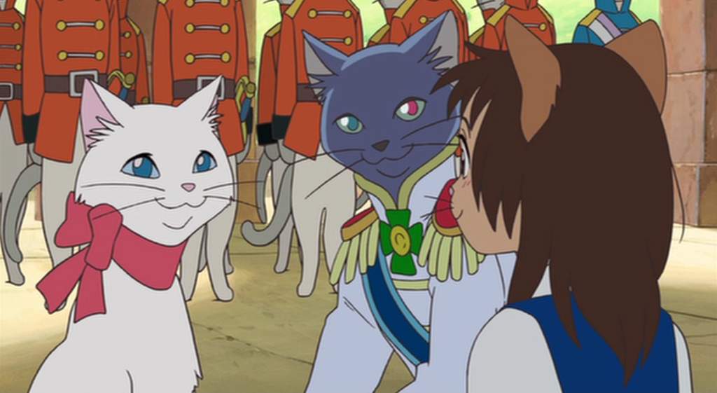 Studio Ghibli cats Yuki (left) and Prince Lune (right) smile at Haru. 