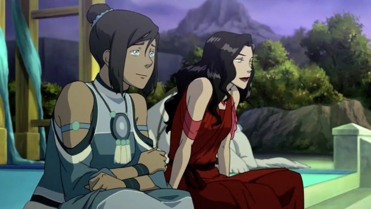 Korra and Asami looking out towards the third spirit portal in Republic City. 