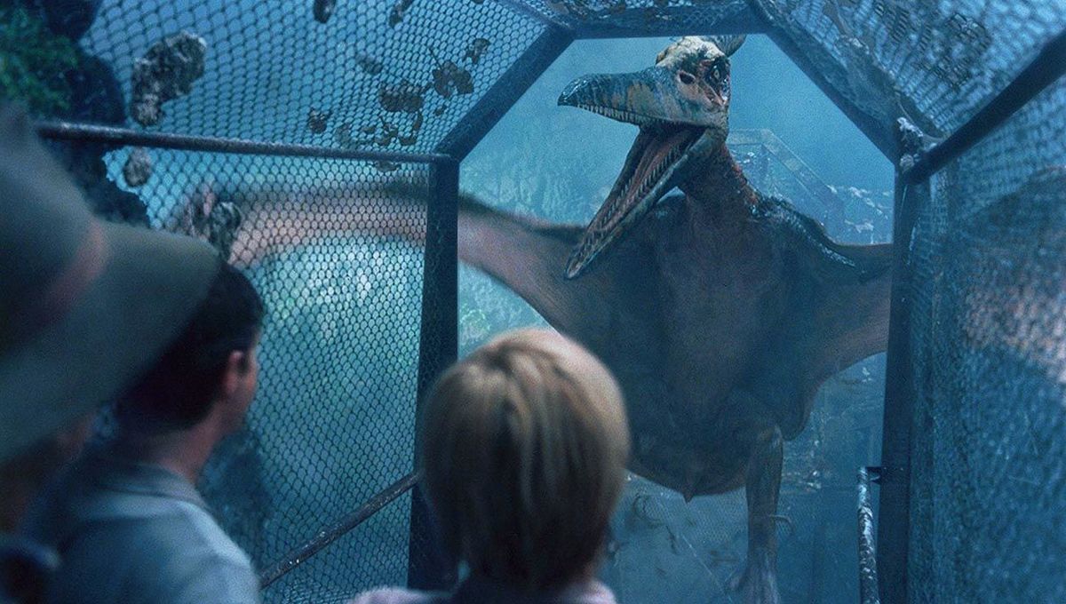 The group facing off with a Pterodactyl in the birdcage in Jurassic Park III.