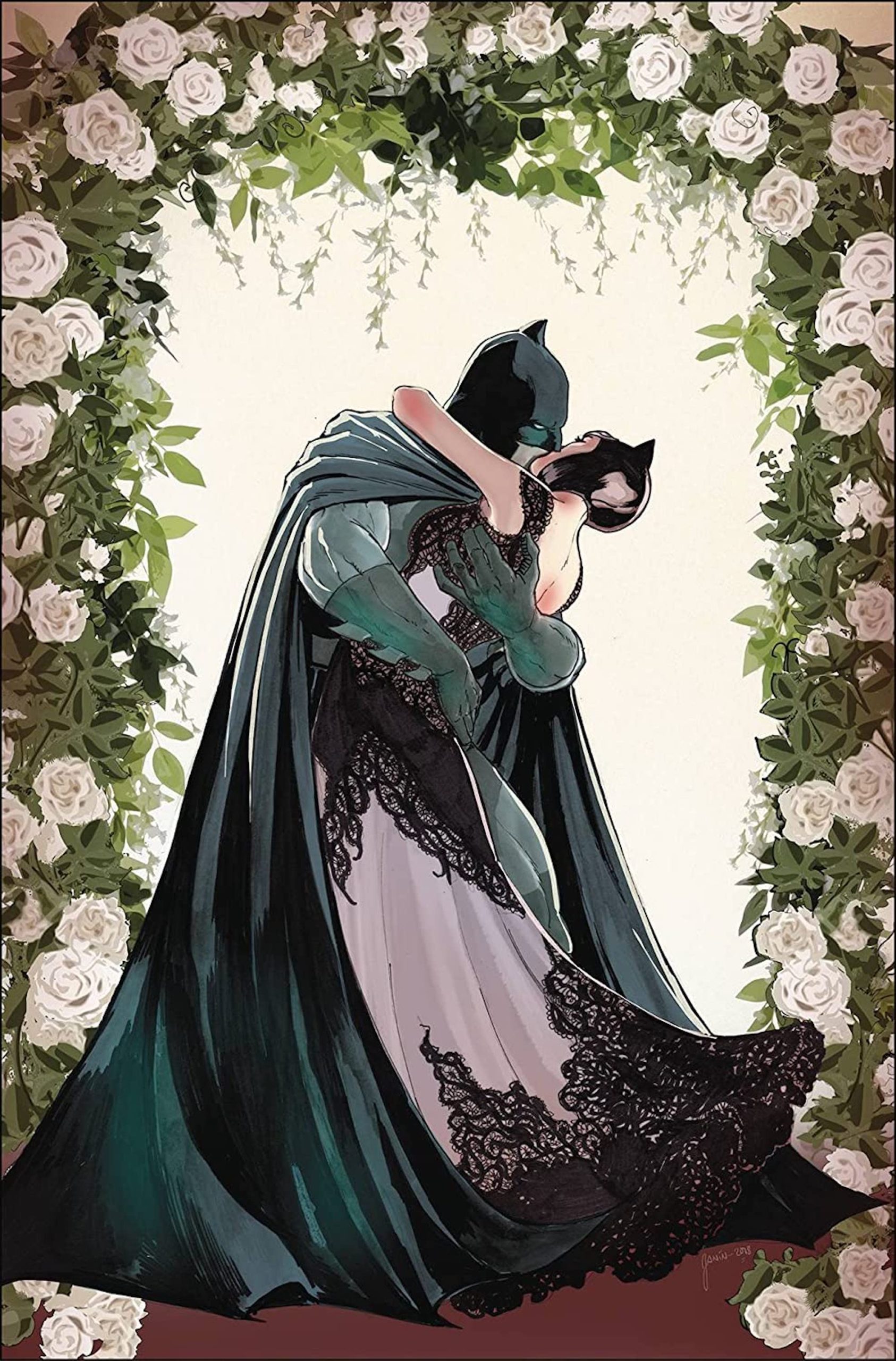 This is an image from Batman Vol. 7: The Wedding (2018), where Batman and Catwoman shared a passionate kiss on their wedding day.