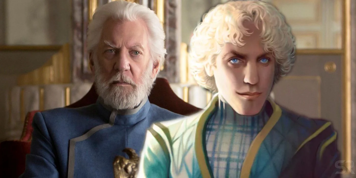 An image of President Snow (Donald Sutherland) (left)  in the original Hunger Games movies is superimposed next to a drawing of young Coriolanus Snow.