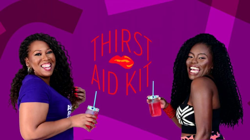 The Thirst Aid Kit logo, revamped by Slate. It has the title of the podcast, a pair of red lips, the lower lip being bitten, and the Slate logo in the bottom left. 