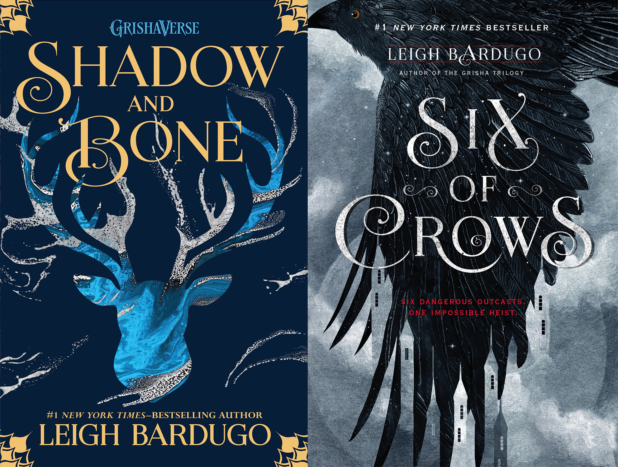 Cover art for Shadow and Bone and Six of Crows.