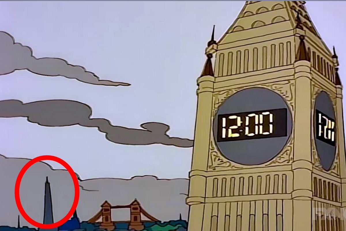A digital version of Big Ben stands on the corner, a prediction made by The Simpsons that would've happened in 2013.