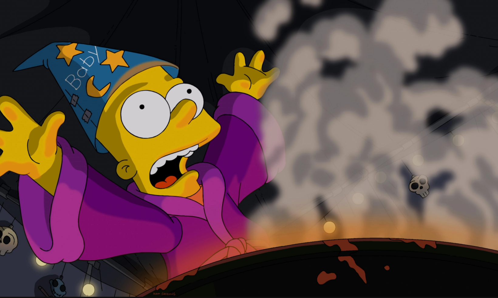 Bart, posing as a baby wizard, stands in front of a cauldron filled with smoke.