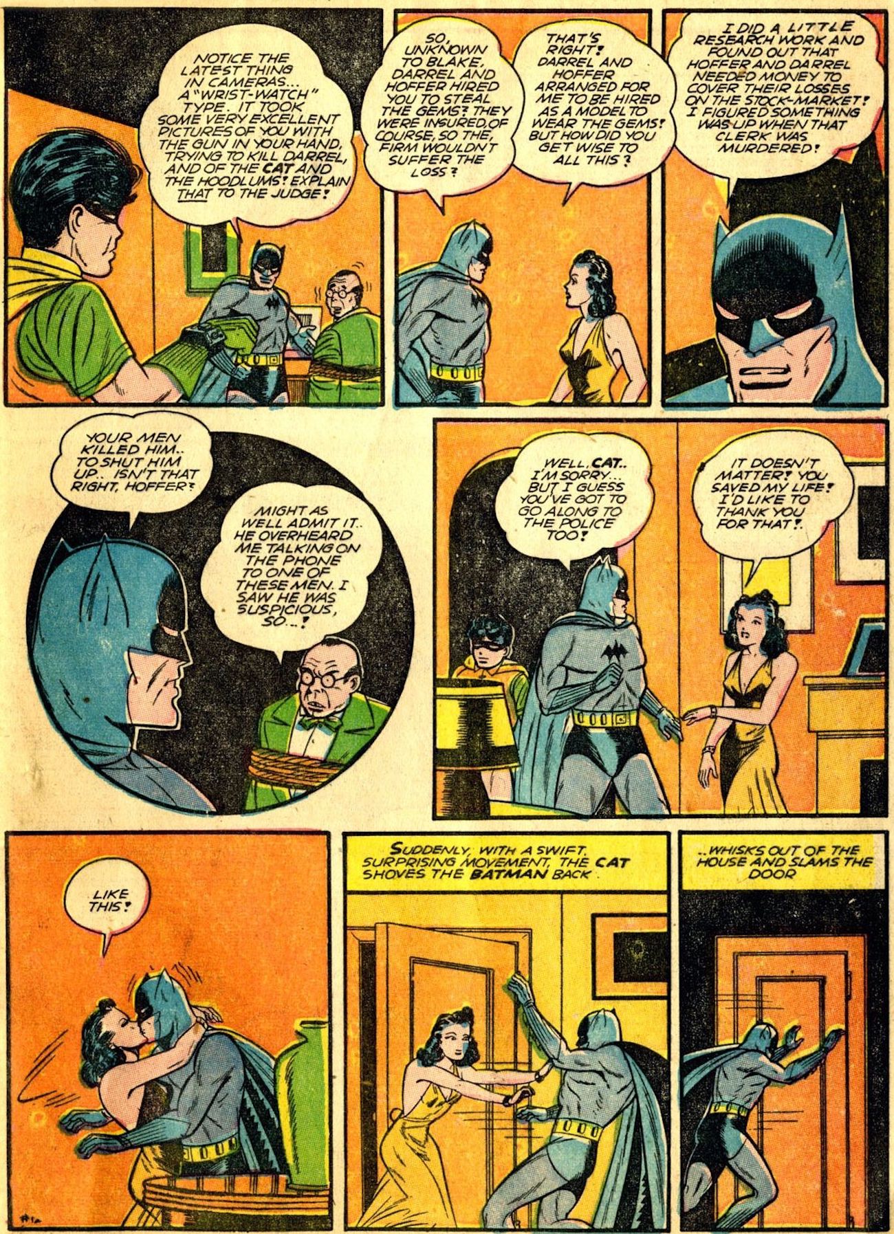 This image shows a comic strip from Batman #3 (1940), where Catwoman and Batman shared their first kiss. 
