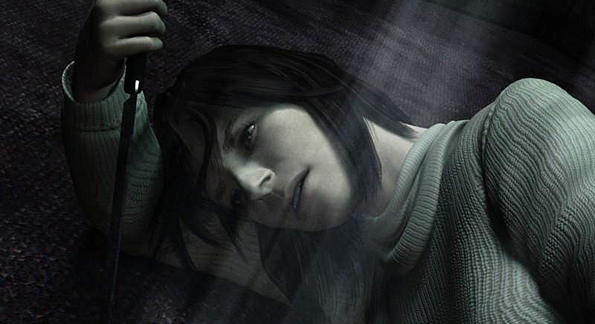 Silent Hill 2: Angela lays on her side on the floor, her head pillowed by her arm. She holds a kitchen knife in front of her, and has a distant look on her face.