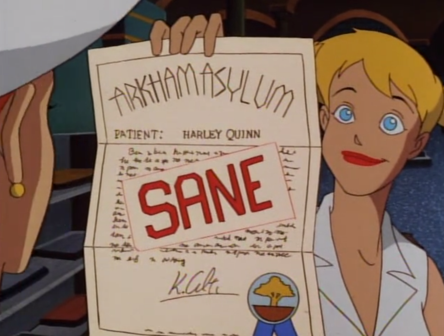Harley Quinn proudly proclaims her sanity to Veronica Vreeland in "Harley's Holiday" from Batman: The Animated Series.