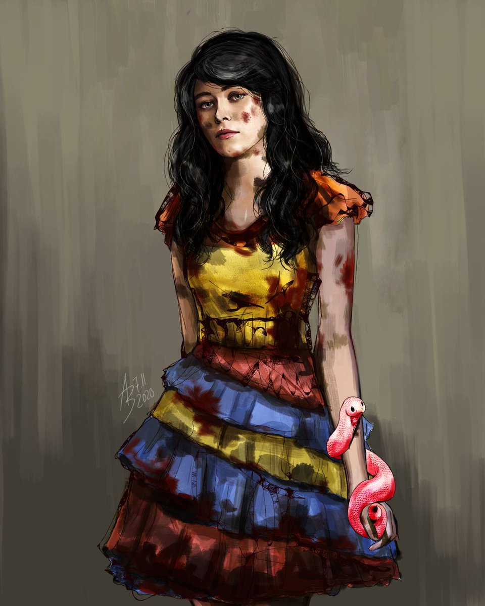 A fan art drawing shows a painted picture of Lucy Gray Baird wearing a dirty rainbow colored dress with a pink snake wrapped around her forearm.