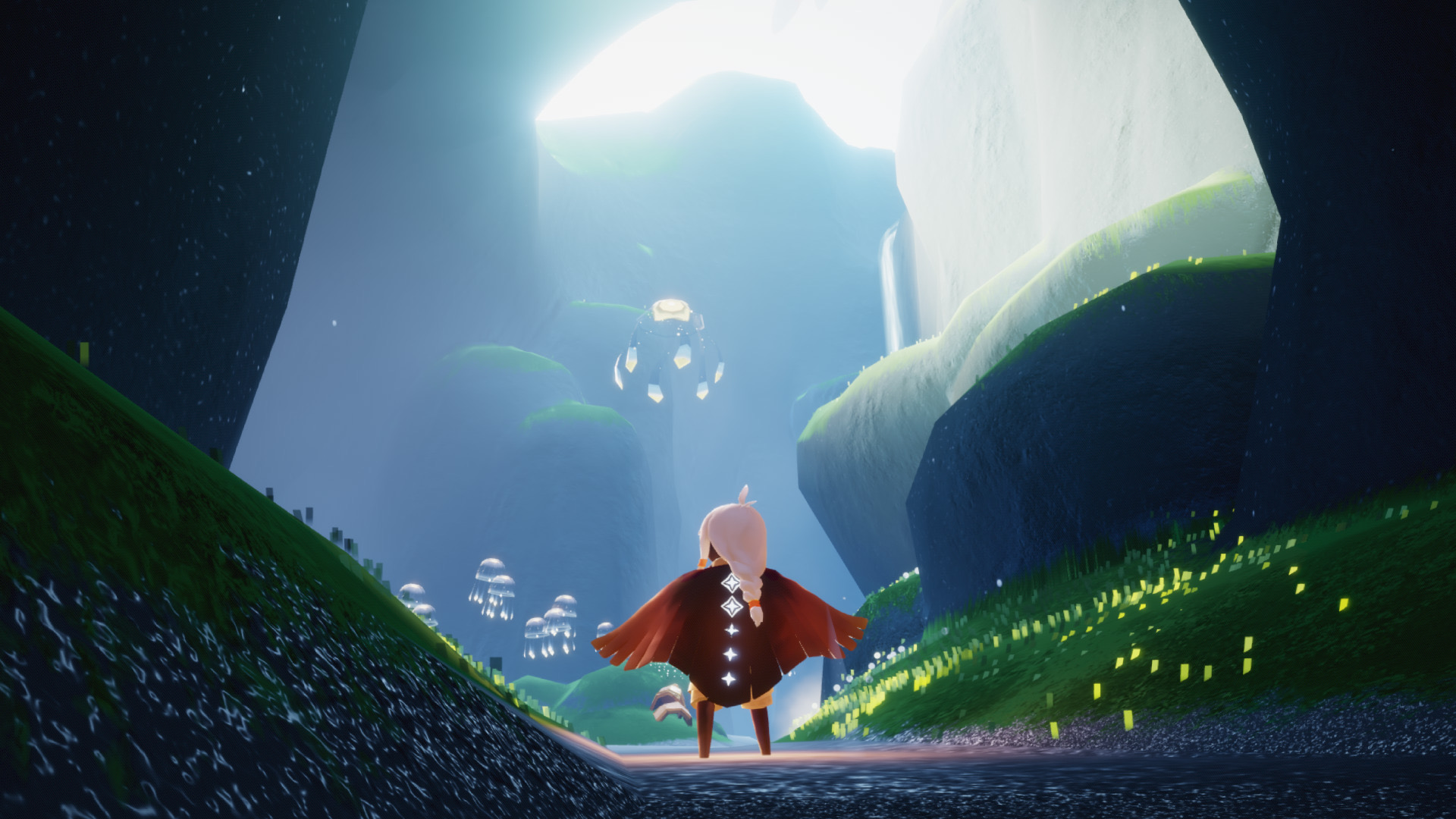 A small player stands in a tropical cave in Sky.