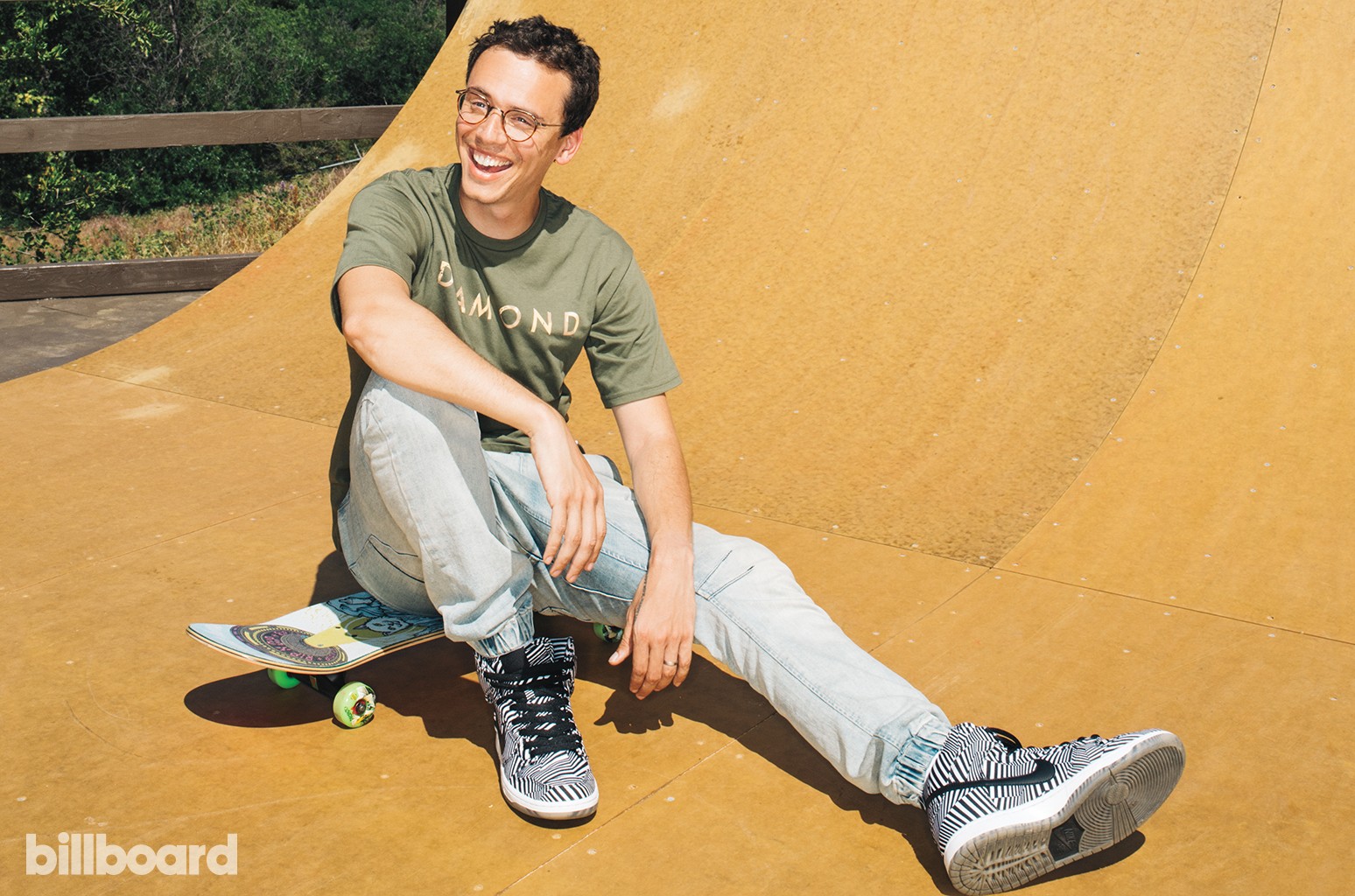 Logic sitting on a skateboard.